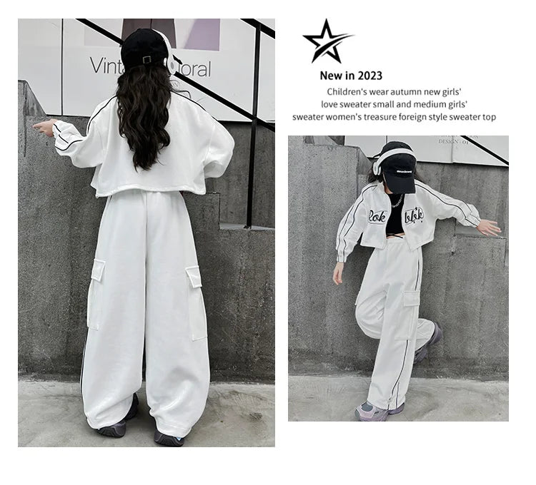 Teen children clothes Girl Dance Clothes Set Short Zipper Coat+Pants 2pcs Kids suit Tracksuits Clothing outfits 5 6 7 9 11 13 15 -