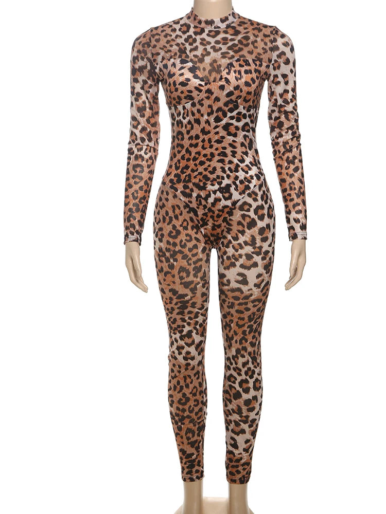 Leopard Full Sleeve Round NeckJumpsuits -