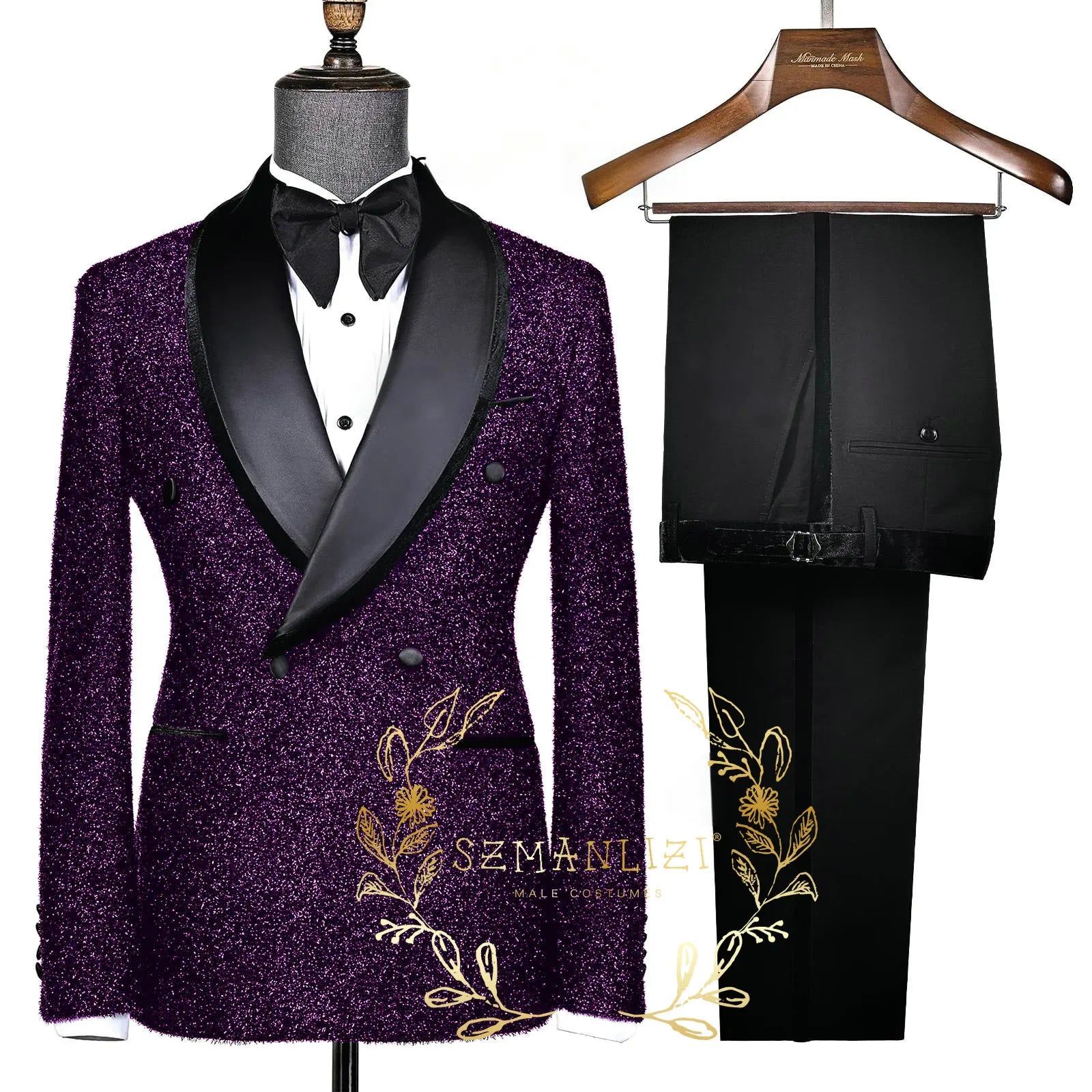 Fashion Shiny Black Men's Suits Slim Fit Double Breasted Shawl Lapel 2 Piece Jacket Pants Male Clothing Prom Party Outfits -