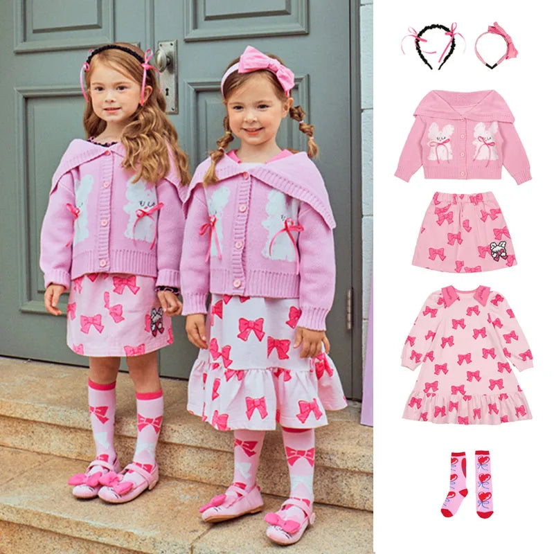 Children's Clothes 2025BE Knitwear Cardigan Skirts Baby Girls Autumn Winter Princess Bow Printed Dress Clothings KIDS AM Korean -
