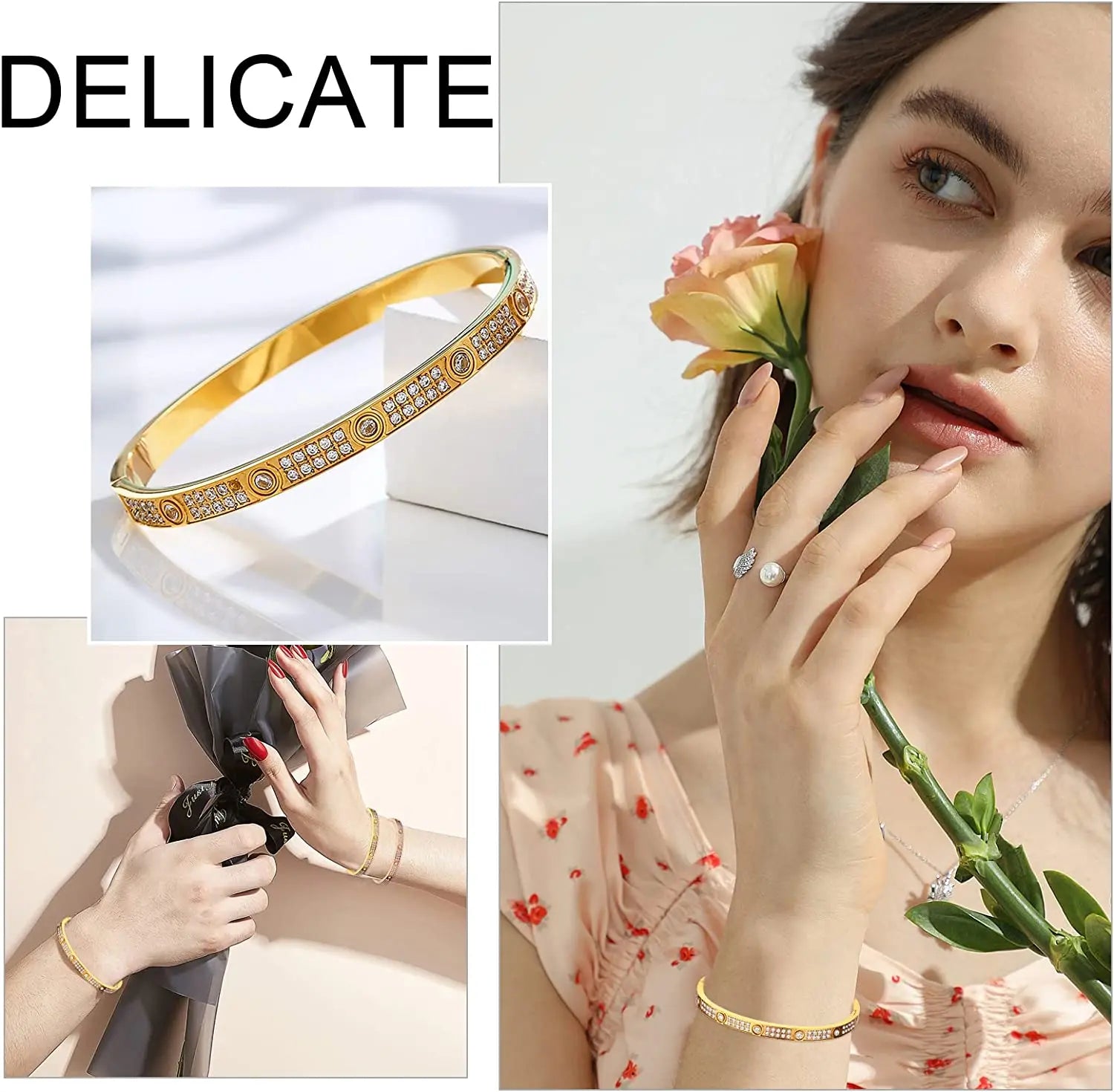 Gold Color Zircon And Cross Nut Nail Bracelet Gold & Bangle For Woman -