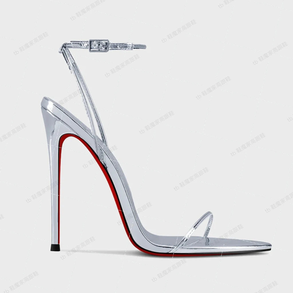 Silver 12cm slim toe high-heeled shoes, 2025 new sexy one-piece buckle fashion sandals, single shoe33-46 -