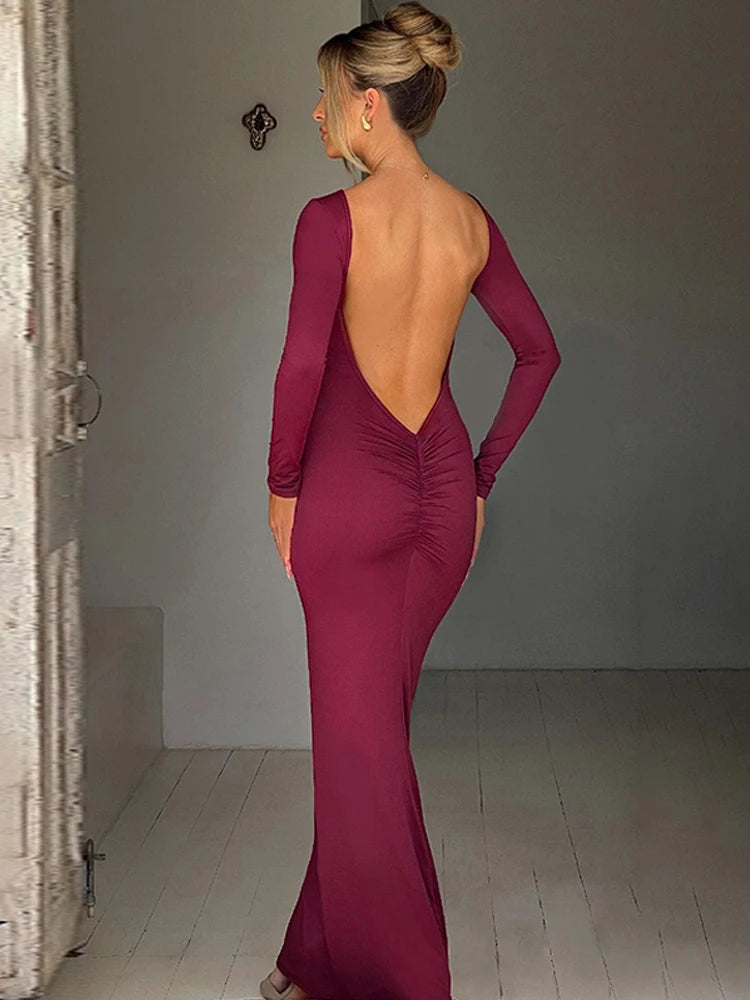 Elegant Long Sleeve Backless Dress -
