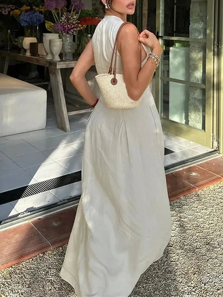 MUJER Zipper Long Dress Woman Pleated Sleeveless Bodycon Dress Summer Elegant Party Dresses For Women 2025 New Midi Dresses -