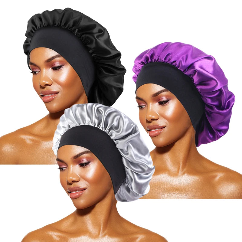 Protect your hair in style with these satin solid bonnets. Featuring a wide-brim design, these hats are perfect for night sleeping or bathing and are suitable for both men and women. -