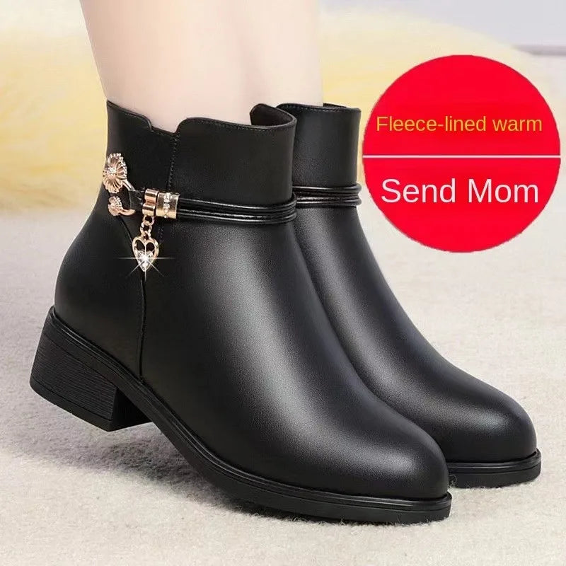 Winter Boots Women's Waterproof Warm Leather Mother Cotton Boots Fashion Black Mid heel Plush Snow Boots Soft Sole Short Boot -