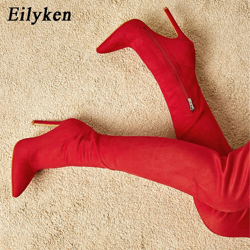 Eilyken Sexy Fashion Pointed Toe Over-The-Knee Boots Women Red Zipper High Heels Shoes Winter Striptease Motorcycle Long Botas -