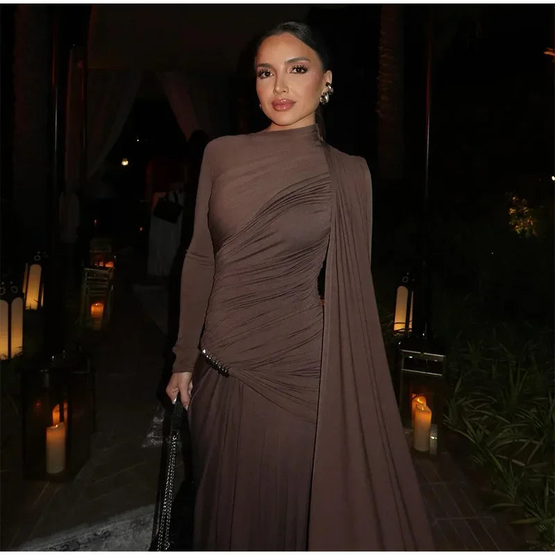 Elegant Women Pleated Irregular Patchwork Maxi Dress Chic Long Sleeve High Neack Dresses 2025 Summer Turtleneck Party Prom Gowns -