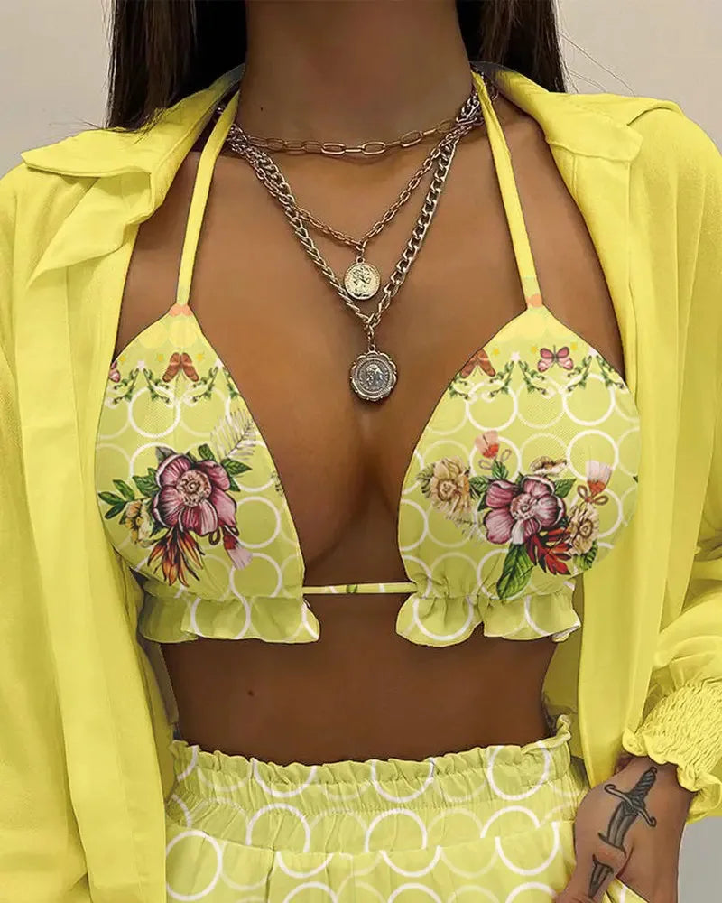 2024 New Bathing Suit Shorts Cover Up Summer Three Pieces Swimwear Sexy Beachwear High Waist Bikini Set Print Women's Swimsuit -