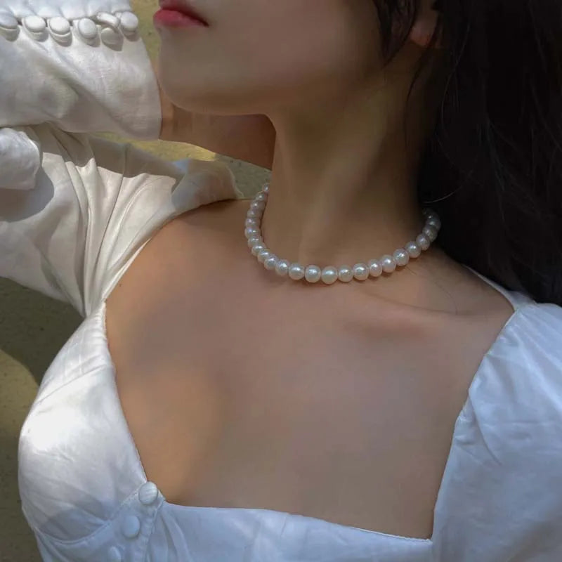 Vintage White Pearl Chain Choker Necklace -