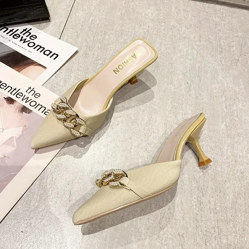 Baotou Half Drag Female Outside Wearing 2025 Summer New Fairy Wind Thin Heel Sandals High Heel Muller Slippers Slippers Women -