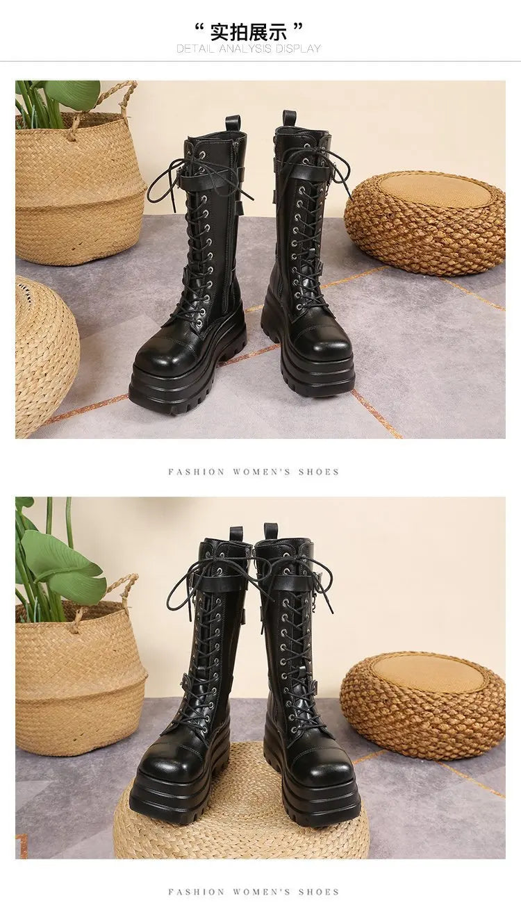 Plus Size 43 Autumn Women Boots Buckle Round Toe Wedges Platform Boots Punk Goth INS Women Street Shoes Combat Boots for Women -