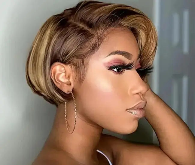 Refresh your style with this 13x4 lace frontal short human hair wig—featuring a trendy pixie cut and natural lace front for a flawless, stylish look! -