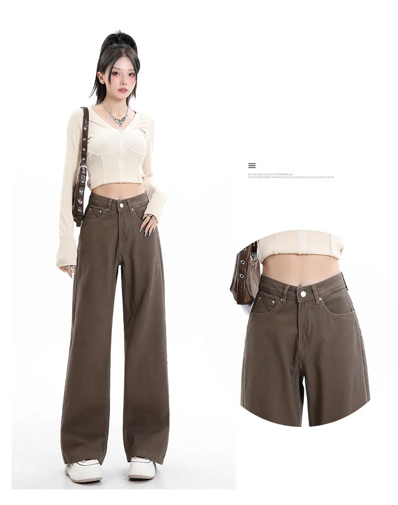 Rock the urban vibe with these baggy, high-street fashion, straight brown jeans for women! -