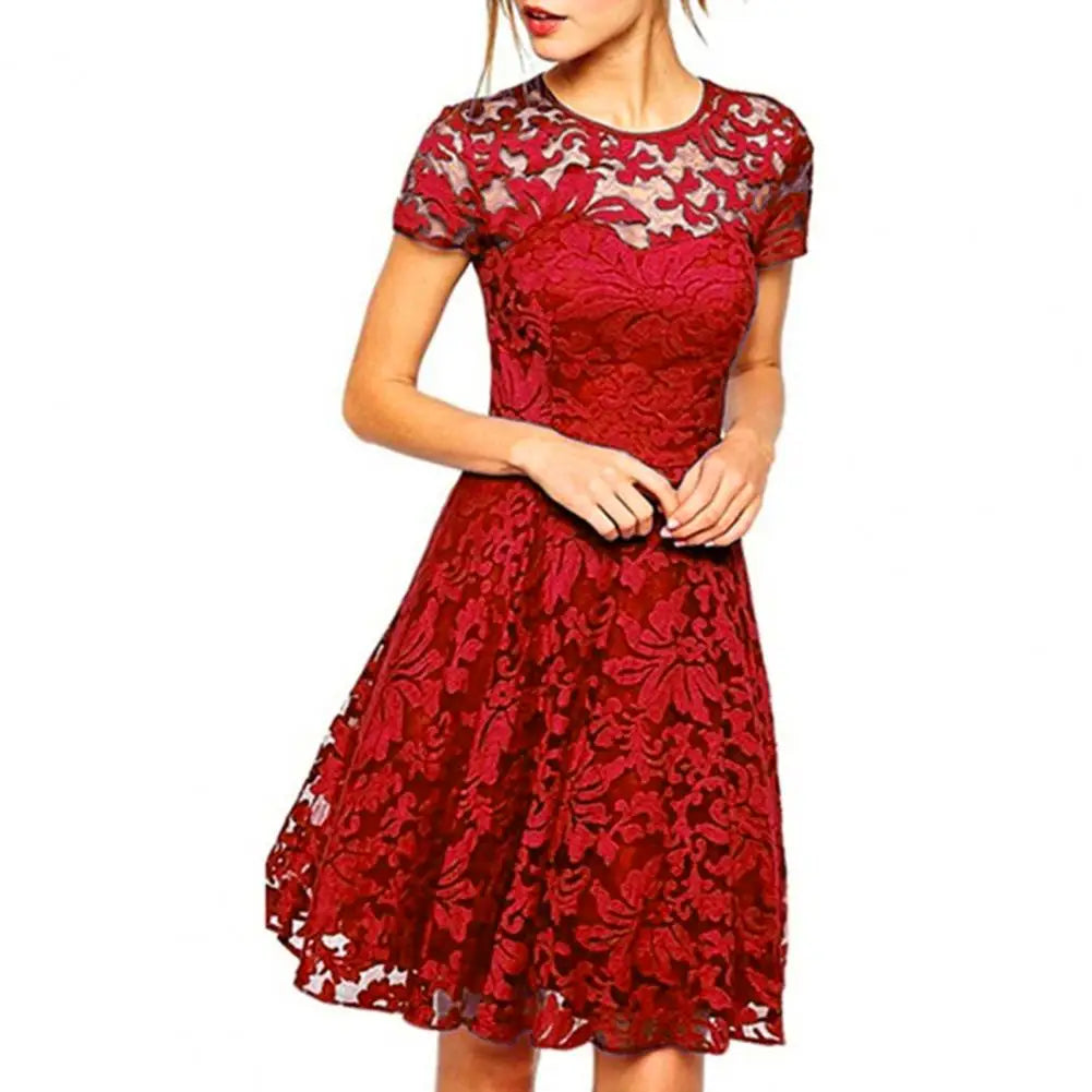 Make a chic statement with this elegant women's dress featuring an O-neck design, transparent lace, and hollow detail—a perfect choice for a sophisticated and stylish look. -