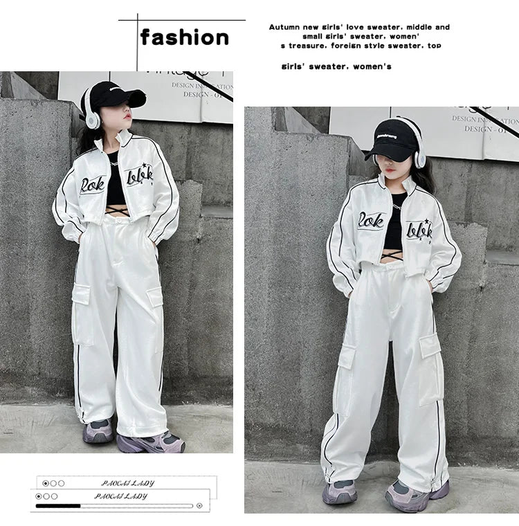 Teen children clothes Girl Dance Clothes Set Short Zipper Coat+Pants 2pcs Kids suit Tracksuits Clothing outfits 5 6 7 9 11 13 15 -
