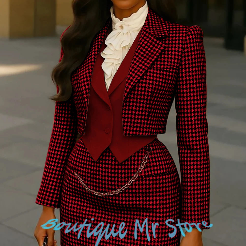 Women’s 3-Piece Suit Set Cropped Blazer+Vest+Mini Skirt -