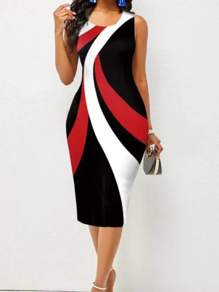 Plus Size Midi Dress for Women Elegant Print Party Dress 2024 Sleeveless Slim Dress -