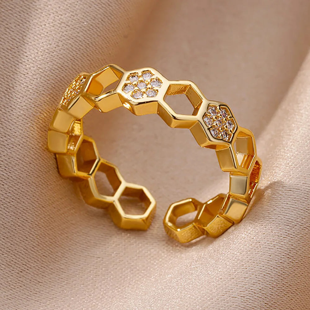Gold Plated Stainless Steel Crystal Rings -