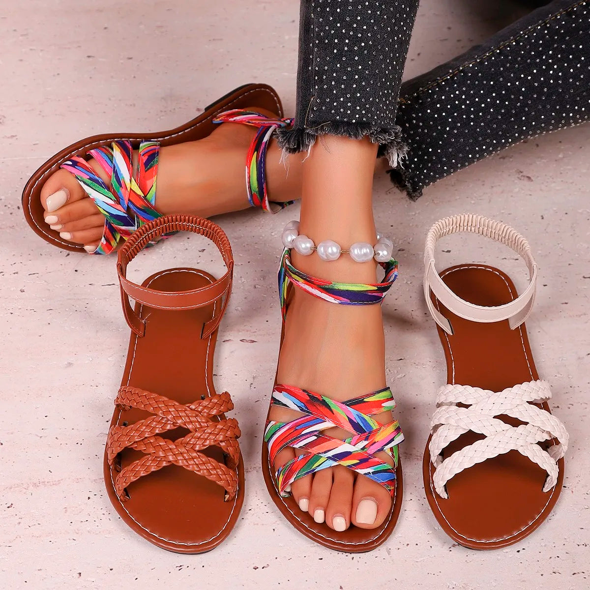 Shoes for Women 2025 Summer New Women Flat Sandals Bottom Roman Strap Sandals with Non Slip Rubber Soles Ladies Daily Sandalia -