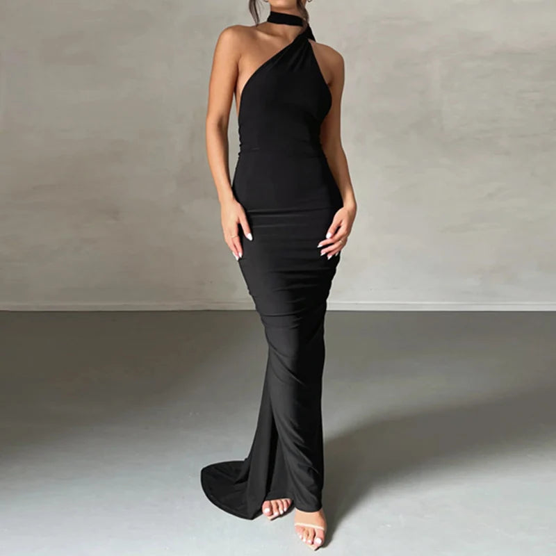 One Shoulder Sleeveless Backless Maxi Dress -