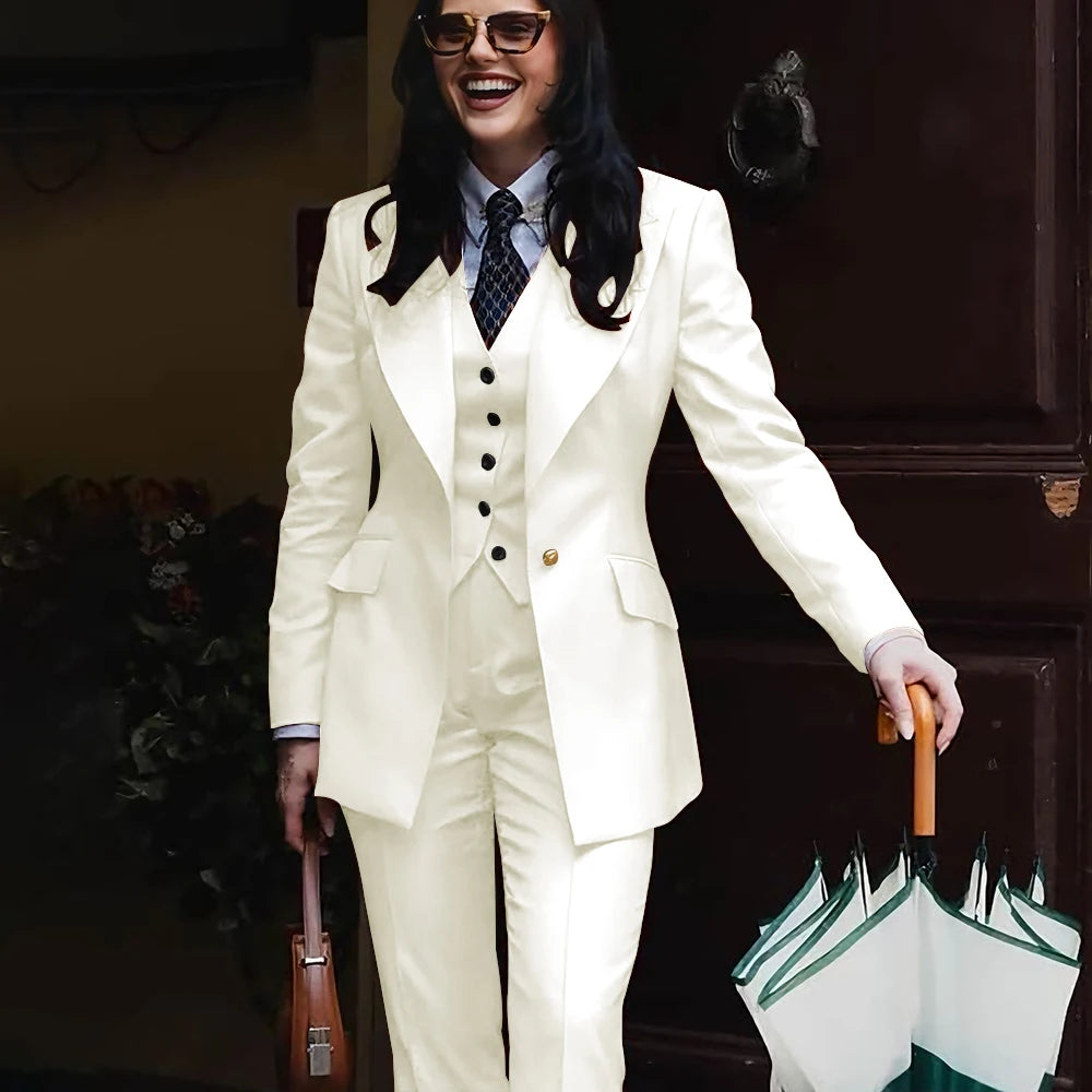 Autumn Retro Red Women's Jacket Pant Sets 3Piece Suit Single Button Peaked Lapel Blazer Formal Office Professional Outerwears -