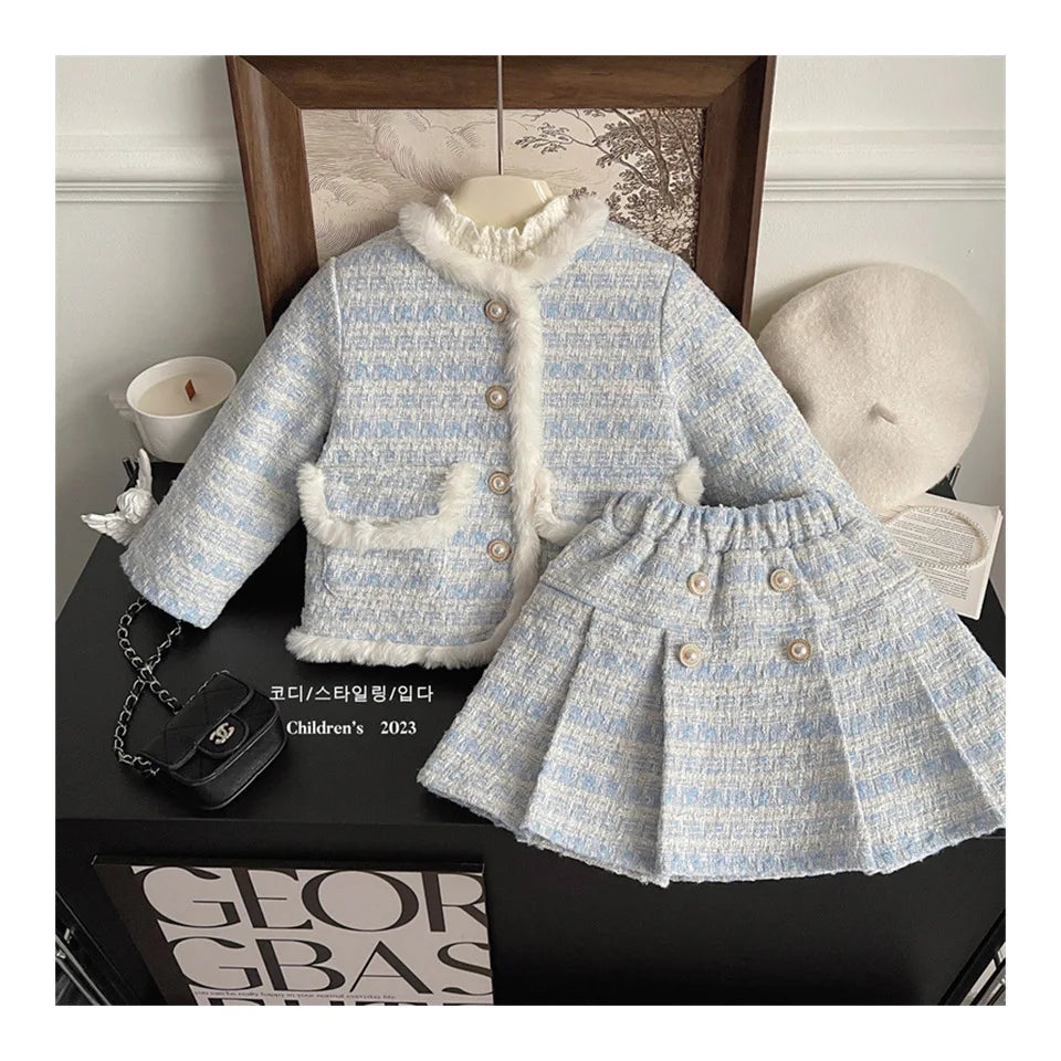 Children's Clothing Sets Tweed Scented Suit Fleece Coat + Pleated Skirt 2pcs Sets Baby Girl Clothes Kids Clothes 2 To 7 Years -