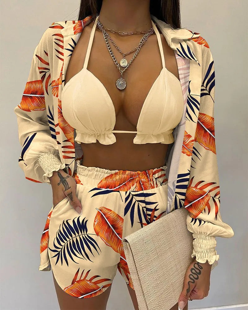 2024 New Bathing Suit Shorts Cover Up Summer Three Pieces Swimwear Sexy Beachwear High Waist Bikini Set Print Women's Swimsuit -