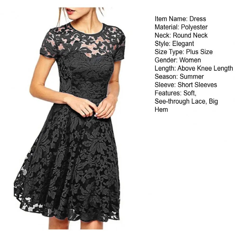 Make a chic statement with this elegant women's dress featuring an O-neck design, transparent lace, and hollow detail—a perfect choice for a sophisticated and stylish look. -