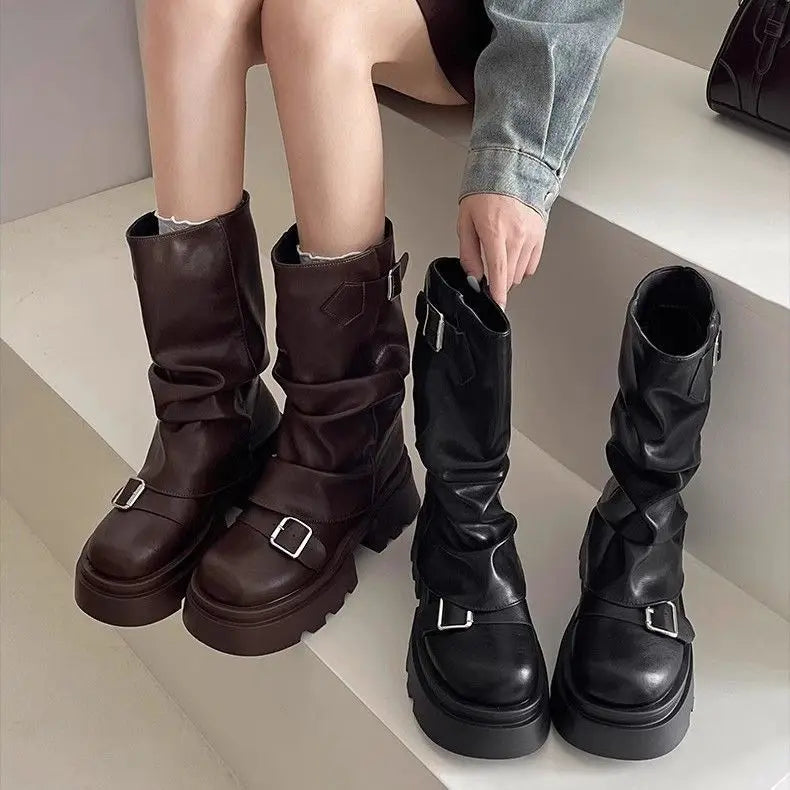 Shoes for Women 2024 Mid-Calf Women's Boots Platform Modern Boots Women Belt Buckle Square Toe Side Zip Square Heel Shoes Female -