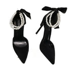 Shoes for Women 2023 Brand Spring Women's Pumps Pointed Toe Solid Flock Beads Bow Tie Buckle Shallow Mouth Novelty High Heels -