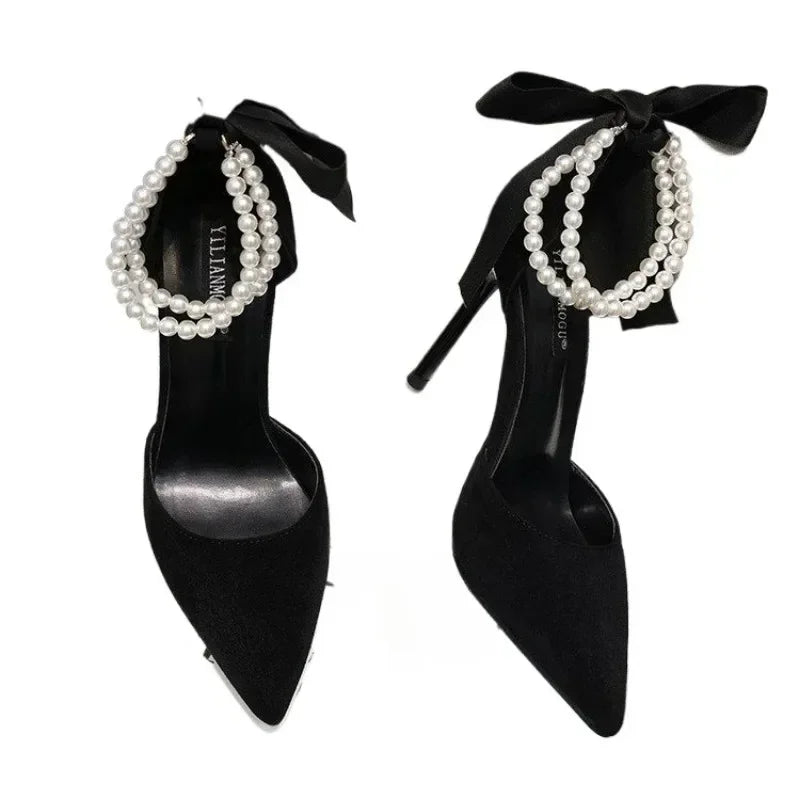 Shoes for Women 2023 Brand Spring Women's Pumps Pointed Toe Solid Flock Beads Bow Tie Buckle Shallow Mouth Novelty High Heels -