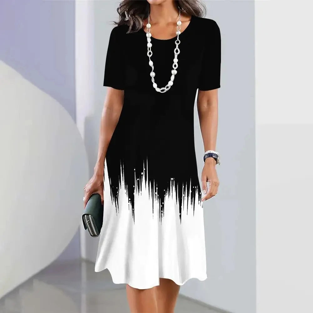 New Women's Dresses Striped Printed Elegant Casual O Neck Short Sleeve Summer Dresses Fashion Ladies Plus Size Clothing Vestidos -