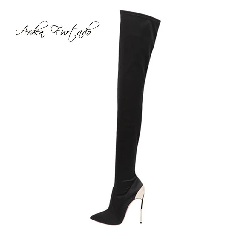 Arden Furtado 2025 Autumn Stretch boots Metal stiletto heels Over the knee boots Pointed Toe Super high heel thigh high boots 41 -