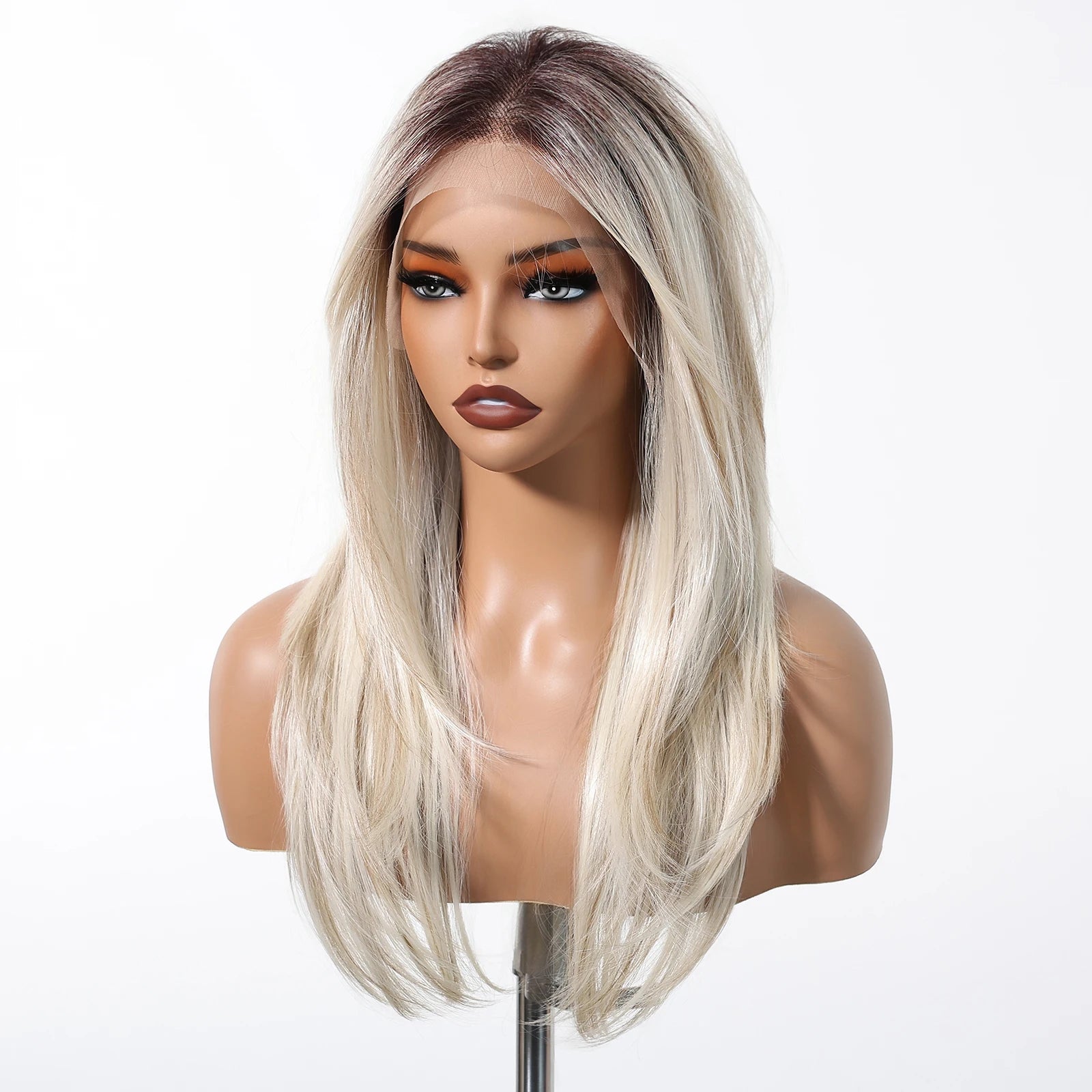Glow with confidence wearing this ombre blonde platinum 13x6 lace frontal wig—long, straight, heat-resistant, and designed for a natural hairline, perfect for daily wear! -