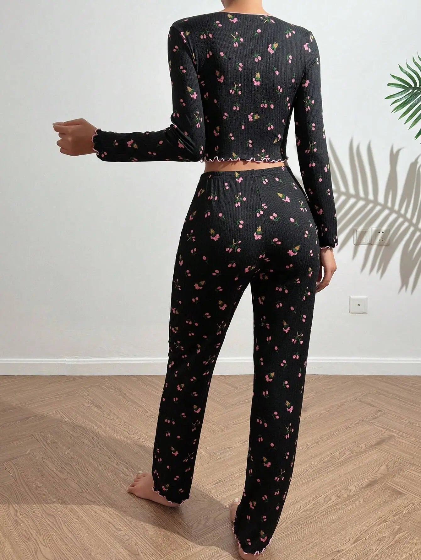 Y2K Cute Floral Ribbed Pajama Set Womens Long Sleeve V Neck Two Piece Sleepwear Homewear Autumn Winter Bow Lettuce Trim New Hot -