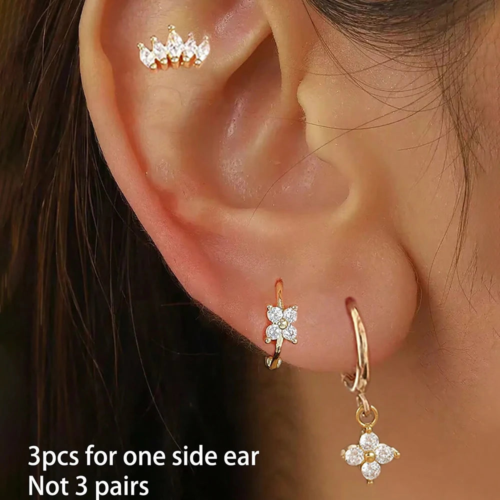 3PCS Stainless Steel Zircon Flower Earring Set for Women -