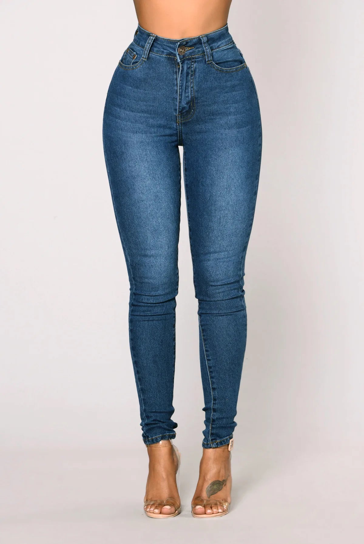 Women High Waist Stretch Hip Lift Denim Skinny Pants Jeans Full Length Sexy Slim Bleachded Solid Color Pants -