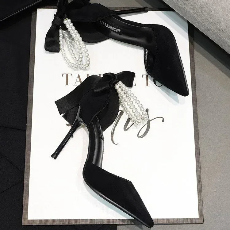 Shoes for Women 2023 Brand Spring Women's Pumps Pointed Toe Solid Flock Beads Bow Tie Buckle Shallow Mouth Novelty High Heels -