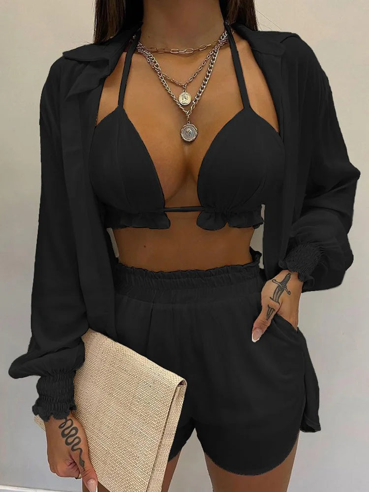 2024 New Bathing Suit Shorts Cover Up Summer Three Pieces Swimwear Sexy Beachwear High Waist Bikini Set Print Women's Swimsuit -