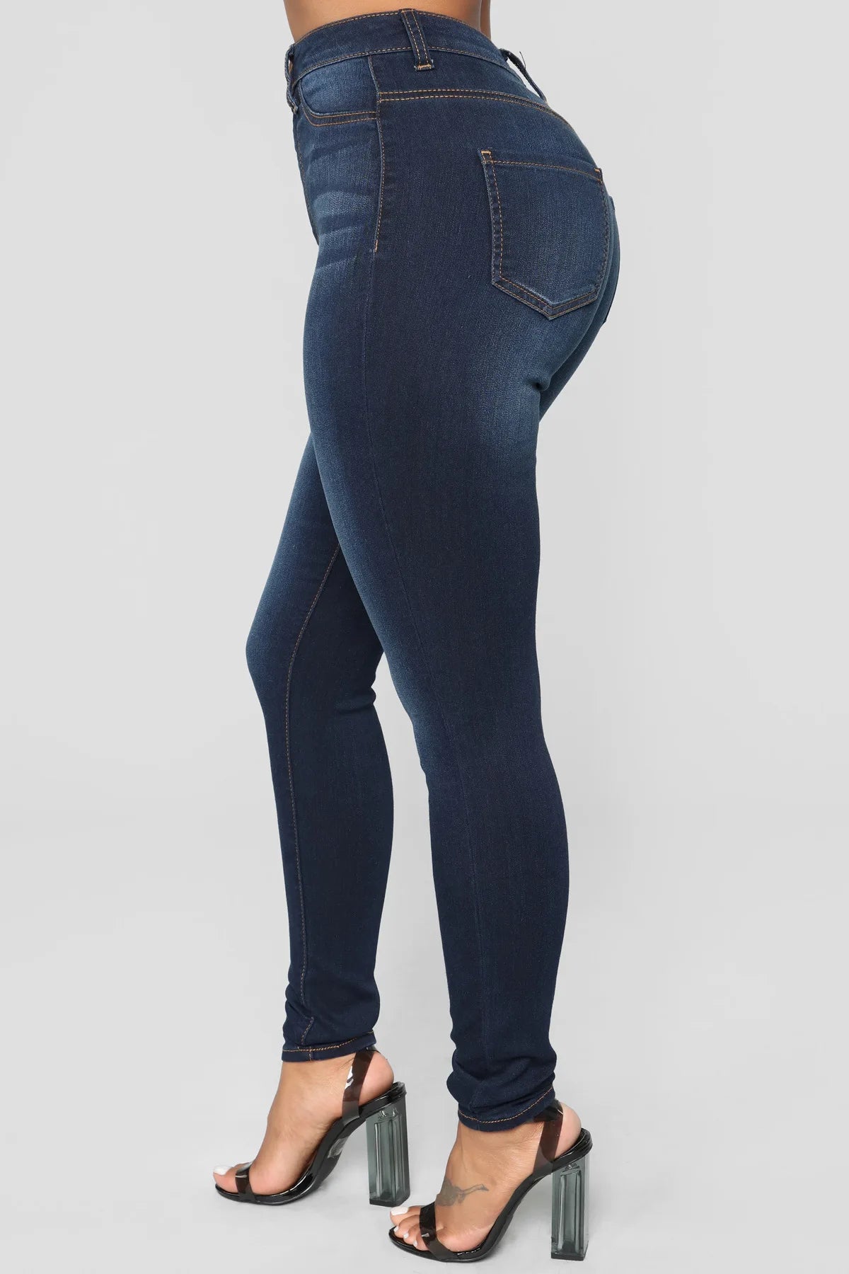 Women High Waist Stretch Hip Lift Denim Skinny Pants Jeans Full Length Sexy Slim Bleachded Solid Color Pants -