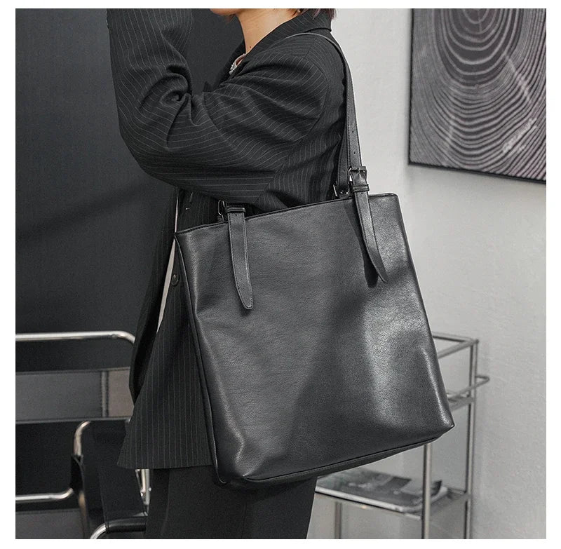 Soft Leather Tote Bag for Men Japanese Korea Style Business Casual Street Handbag Male Large Capacity Zipper Laptop Underam Bags -
