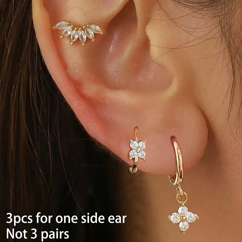 3PCS Stainless Steel Zircon Flower Earring Set for Women -
