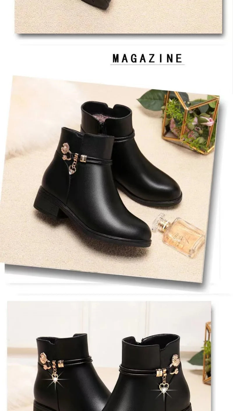Winter Boots Women's Waterproof Warm Leather Mother Cotton Boots Fashion Black Mid heel Plush Snow Boots Soft Sole Short Boot -