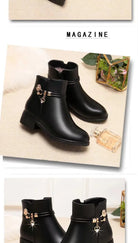 Winter Boots Women's Waterproof Warm Leather Mother Cotton Boots Fashion Black Mid heel Plush Snow Boots Soft Sole Short Boot -