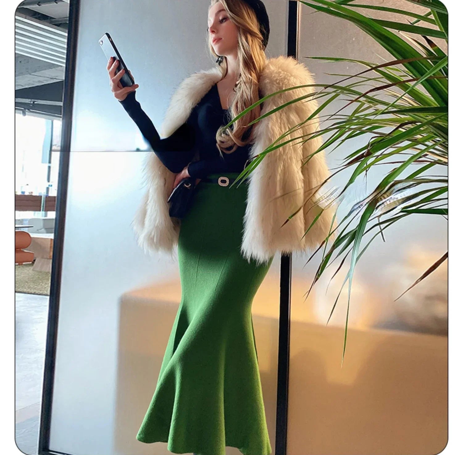 Women's Skirts Knitted Long Skirts for Women Fashion 2025 Autumn Winter Solid Color Green Vintage Slim A-LINE Skirts for Woman -
