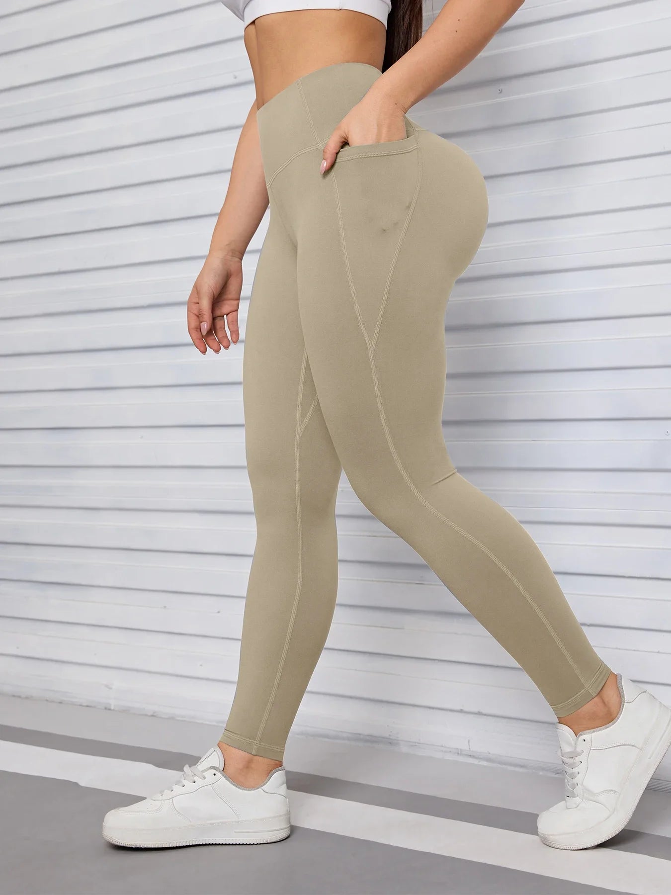 Yoga Pants with Pockets Tummy Control Butt Lifting Fitness Tights Women Solid Color Workout Leggings Sportswear -
