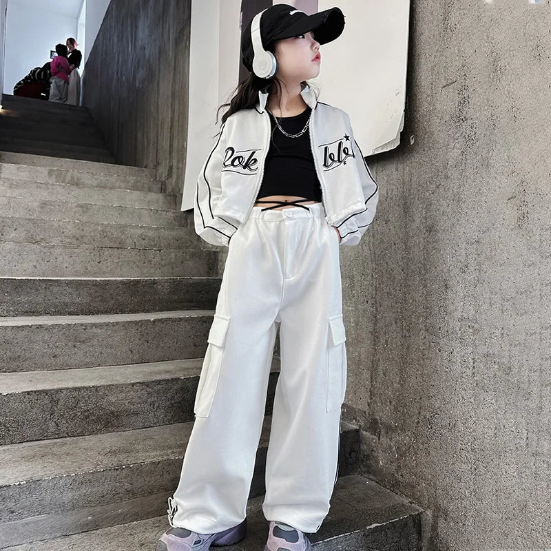 Teen children clothes Girl Dance Clothes Set Short Zipper Coat+Pants 2pcs Kids suit Tracksuits Clothing outfits 5 6 7 9 11 13 15 -