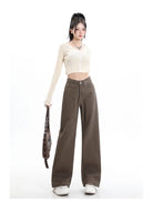 Rock the urban vibe with these baggy, high-street fashion, straight brown jeans for women! -