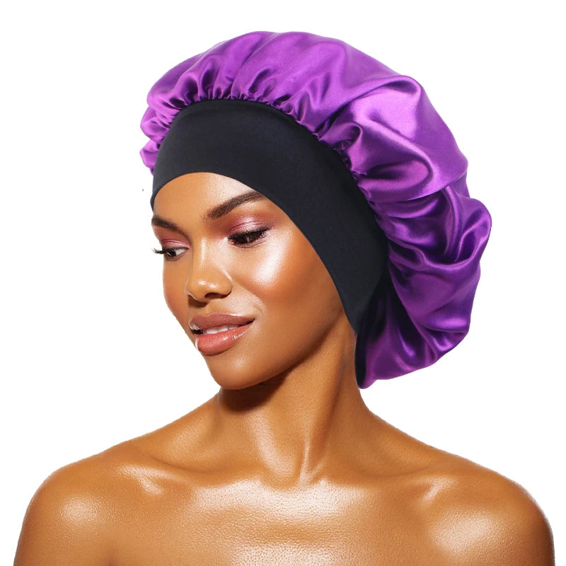 Protect your hair in style with these satin solid bonnets. Featuring a wide-brim design, these hats are perfect for night sleeping or bathing and are suitable for both men and women. -